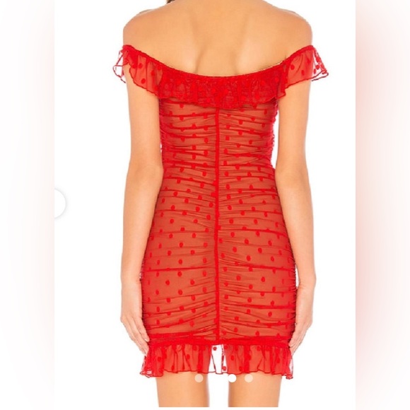 Majorelle Off Shoulder Bandit Mini Dress in Red Swiss Dot TB5